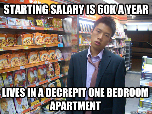 Starting salary is 60k a year Lives in a decrepit one bedroom apartment  Disenchanted Young Professional