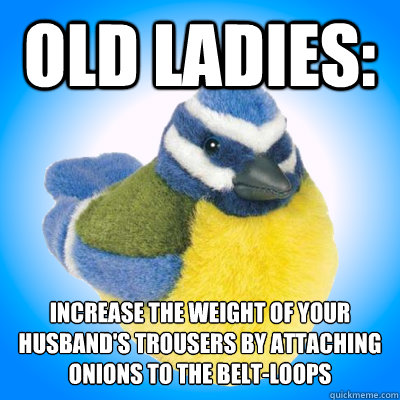 Old Ladies: increase the weight of your husband's trousers by attaching onions to the belt-loops
  Top Tip Tit