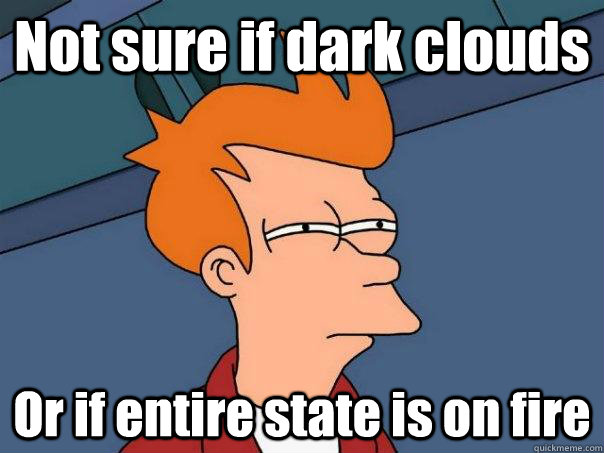 Not sure if dark clouds Or if entire state is on fire  Futurama Fry
