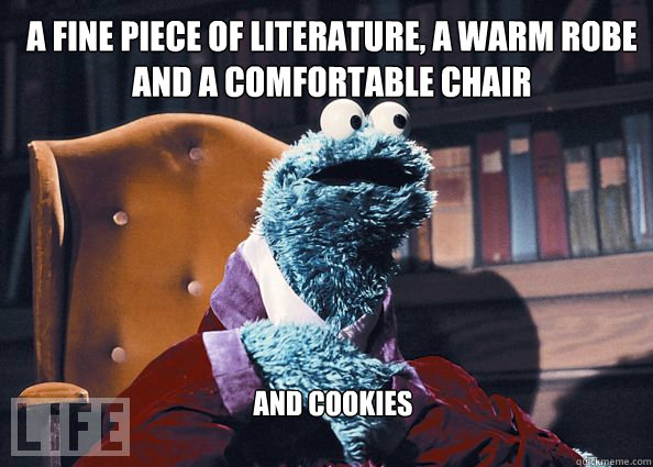 a fine piece of literature, a warm robe and a comfortable chair and cookies  Cookieman