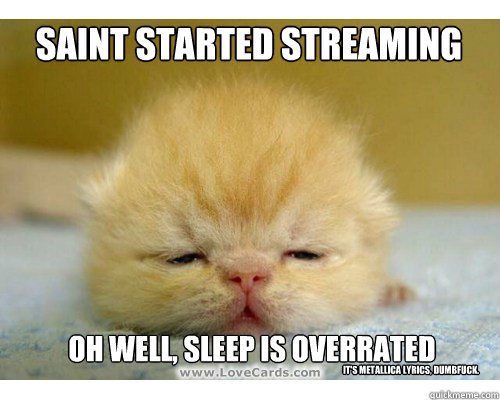 saint started streaming oh well, sleep is overrated It's metallica lyrics, dumbfuck.  Sleepy cat