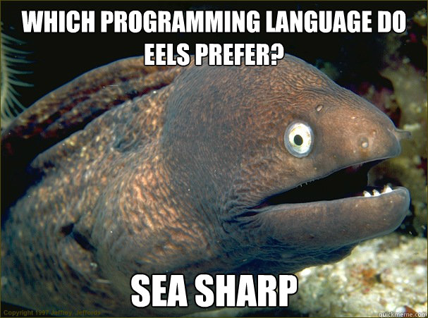 Which programming language do eels prefer? SEA SHARP - Which programming language do eels prefer? SEA SHARP  Bad Joke Eel