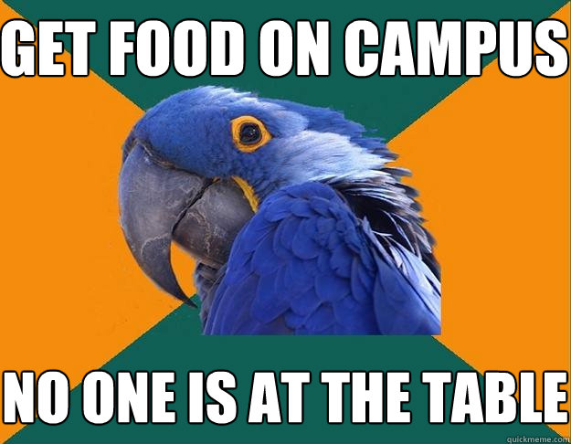 Get food on campus no one is at the table  Paranoid Parrot