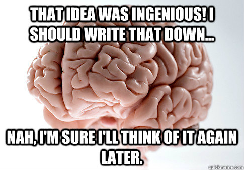 That idea was Ingenious! I should write that down... Nah, I'm sure i'll think of it again later. - That idea was Ingenious! I should write that down... Nah, I'm sure i'll think of it again later.  Scumbag Brain