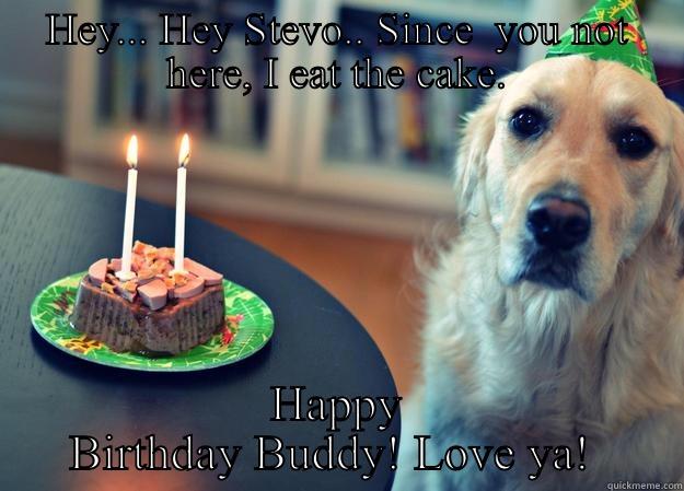 Stevos 100th Bday (2016) - HEY... HEY STEVO.. SINCE  YOU NOT HERE, I EAT THE CAKE. HAPPY BIRTHDAY BUDDY! LOVE YA!  Sad Birthday Dog