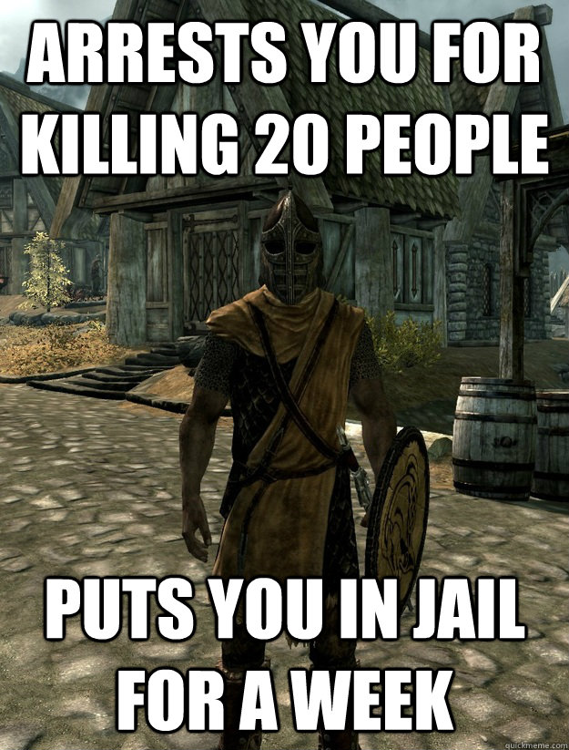 Arrests you for killing 20 people Puts you in jail for a week - Arrests you for killing 20 people Puts you in jail for a week  SkyrimGuard