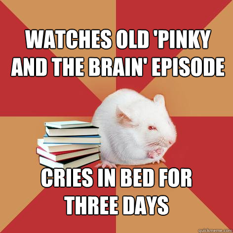 Watches old 'Pinky and the Brain' episode cries in bed for 
three days  Science Major Mouse