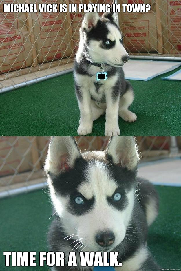 Michael Vick is in playing in town? Time for a walk.  Insanity puppy