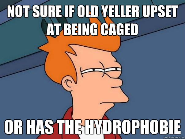 Not sure if Old yeller upset at being caged or has the hydrophobie  Futurama Fry