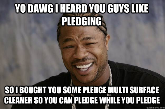 Yo dawg I heard you guys like pledging So i bought you some pledge multi surface cleaner so you can pledge while you pledge   Xzibit meme
