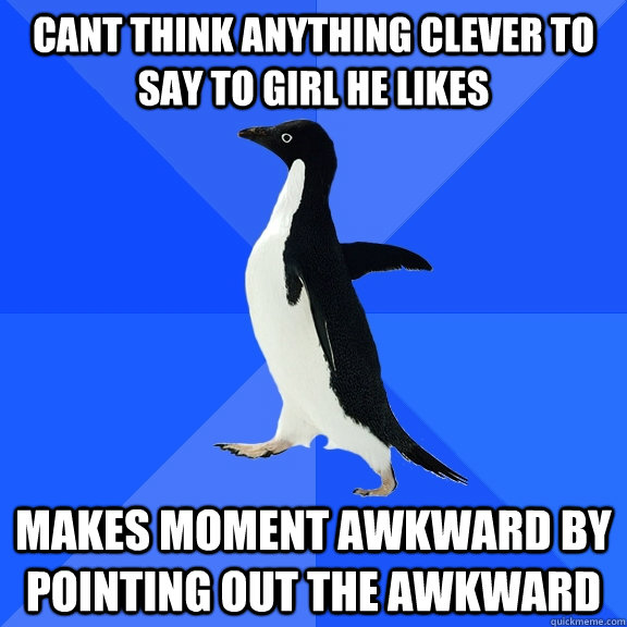 cant think anything clever to say to girl he likes makes moment awkward by pointing out the awkward  Socially Awkward Penguin