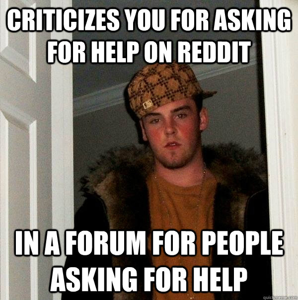 criticizes you for asking for help on reddit in a forum for people asking for help  Scumbag Steve