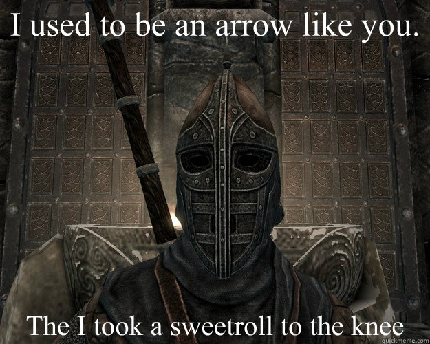 I used to be an arrow like you. The I took a sweetroll to the knee - I used to be an arrow like you. The I took a sweetroll to the knee  Skyrim Soldiers