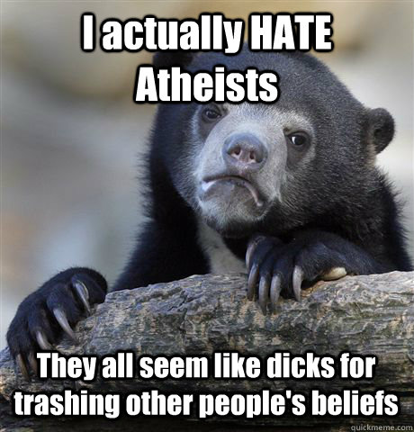 I actually HATE Atheists They all seem like dicks for trashing other people's beliefs  Confession Bear