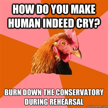 How do you make human indeed cry? Burn down the conservatory during rehearsal    Anti-Joke Chicken