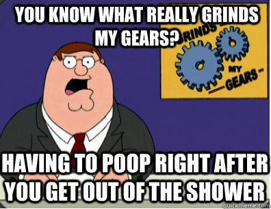 you know what really grinds my gears? Having to poop right after you get out of the shower  Grinds my gears