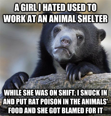 A GIRL I HATED USED TO WORK AT AN ANIMAL SHELTER WHILE SHE WAS ON SHIFT, I SNUCK IN AND PUT RAT POISON IN THE ANIMALS' FOOD AND SHE GOT BLAMED FOR IT  Confession Bear