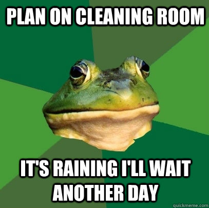 Plan on cleaning room It's raining i'll wait another day  Foul Bachelor Frog