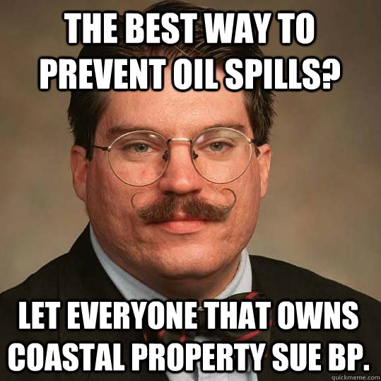 The best way to prevent oil spills? Let everyone that owns coastal property sue BP.  Austrian Economists