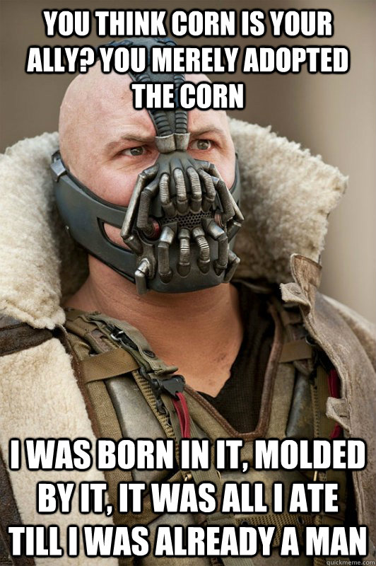 You think corn is your ally? You merely adopted the corn i was born in it, molded by it, it was all i ate till i was already a man  Bane
