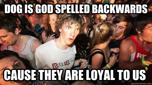 Dog is god spelled backwards cause they are loyal to us  Sudden Clarity Clarence