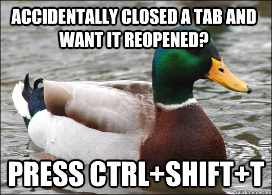 Accidentally closed a tab and want it reopened? Press ctrl+shift+t  Actual Advice Mallard