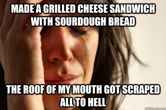 Made a grilled cheese sandwich with sourdough bread The roof of my mouth got scraped all to hell  First World Problems