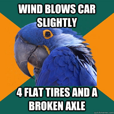 Wind blows car slightly 4 flat tires and a broken axle  Paranoid Parrot