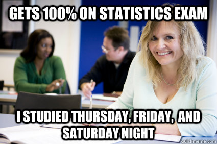 Gets 100% on Statistics Exam I studied Thursday, Friday,  and Saturday night  Middle-aged nontraditional college student