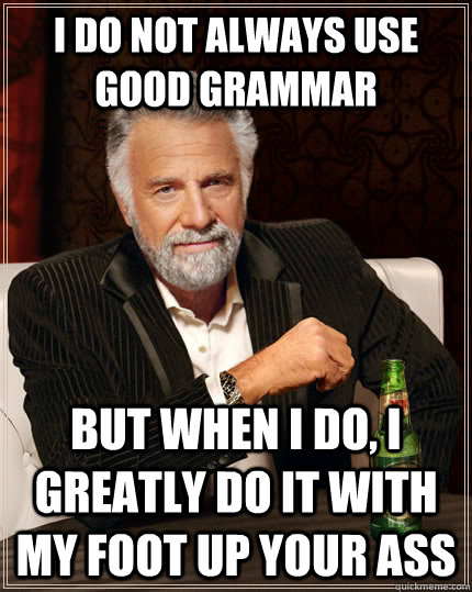 I do not always use good grammar but when I do, I greatly do it with my foot up your ass  The Most Interesting Man In The World