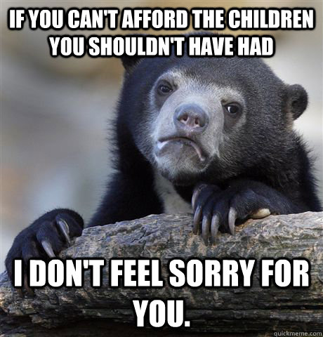 If you can't afford the children you shouldn't have had I don't feel sorry for you.  Confession Bear
