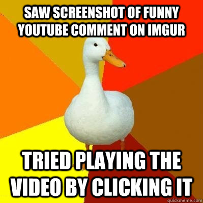 Saw screenshot of funny youtube comment on imgur Tried playing the video by clicking it   Tech Impaired Duck