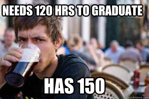 Needs 120 hrs to graduate Has 150  Lazy College Senior