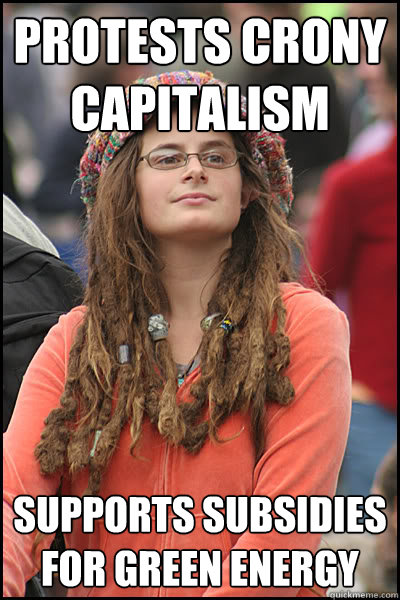 Protests crony capitalism Supports subsidies for green energy  College Liberal