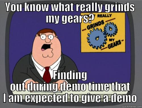 YOU KNOW WHAT REALLY GRINDS MY GEARS? FINDING OUT DURING DEMO TIME THAT I AM EXPECTED TO GIVE A DEMO Grinds my gears