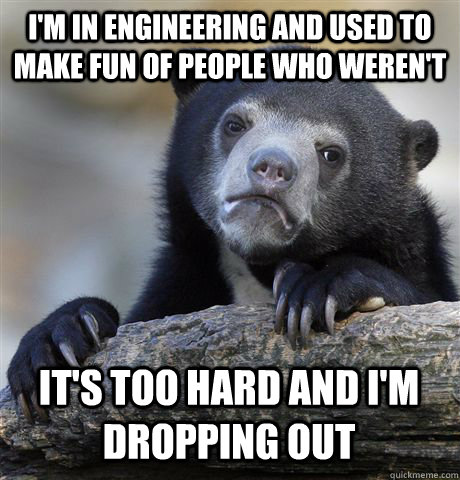 I'm in engineering and used to make fun of people who weren't it's too hard and i'm dropping out  Confession Bear