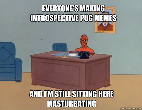 everyone's making introspective pug memes And I'm still sitting here masturbating  masturbating spiderman
