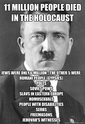 11 million people died in the holocaust jews were only 6 million - the other 5 were:
Romani people (Gypsies)
Poles
Soviet POWs
Slavs in Eastern Europe
Homosexuals
People with disabilities
Serbs
Freemasons
Jehovah's Witnesses  Scumbag Hitler