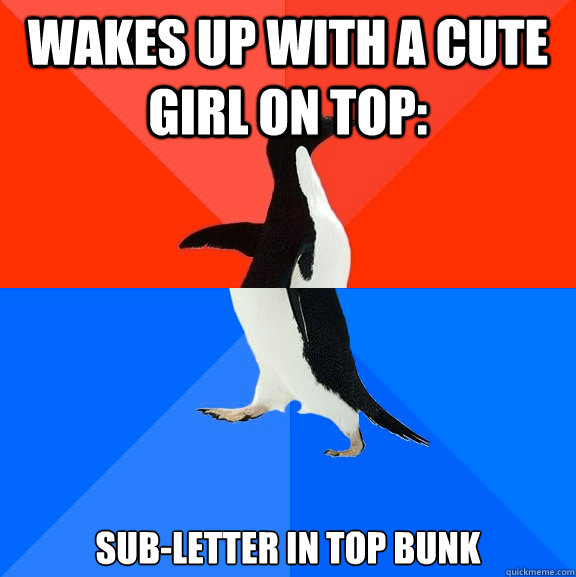 Wakes up with a cute girl on top: sub-letter in top bunk  Socially Awesome Awkward Penguin