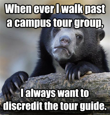When ever I walk past a campus tour group, I always want to discredit the tour guide. - When ever I walk past a campus tour group, I always want to discredit the tour guide.  Confession Bear