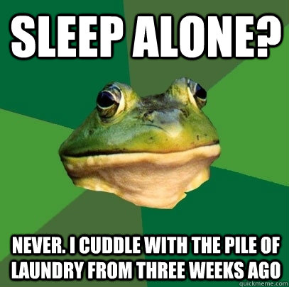 sleep alone?  never. i cuddle with the pile of laundry from three weeks ago  - sleep alone?  never. i cuddle with the pile of laundry from three weeks ago   Foul Bachelor Frog