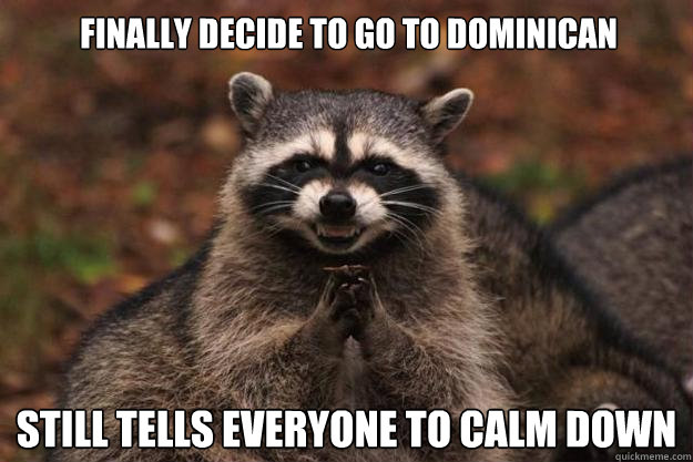 finally decide to go to dominican  still tells everyone to calm down   Evil Plotting Raccoon