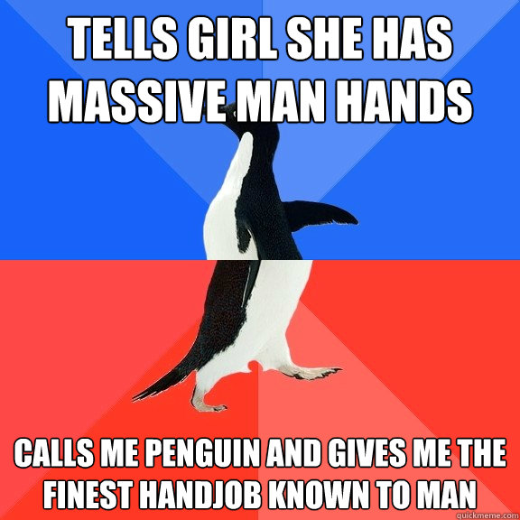Tells girl she has massive man hands calls me penguin and gives me the finest handjob known to man  Socially Awkward Awesome Penguin