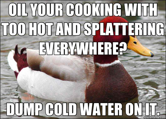 OIL YOUR COOKING WITH TOO HOT AND SPLATTERING EVERYWHERE? DUMP COLD WATER ON IT. - OIL YOUR COOKING WITH TOO HOT AND SPLATTERING EVERYWHERE? DUMP COLD WATER ON IT.  Malicious Advice Mallard