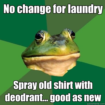 No change for laundry Spray old shirt with deodrant... good as new  Foul Bachelor Frog