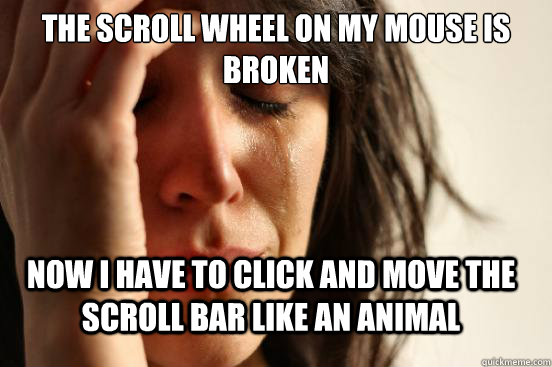 The scroll wheel on my mouse is broken Now i have to click and move the scroll bar like an animal  FirstWorldProblems