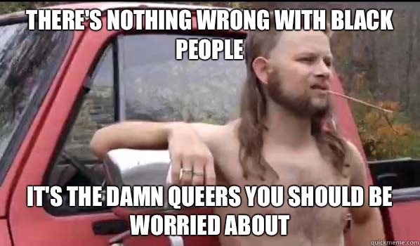 There's nothing wrong with black people  It's the damn queers you should be worried about   Almost Politically Correct Redneck