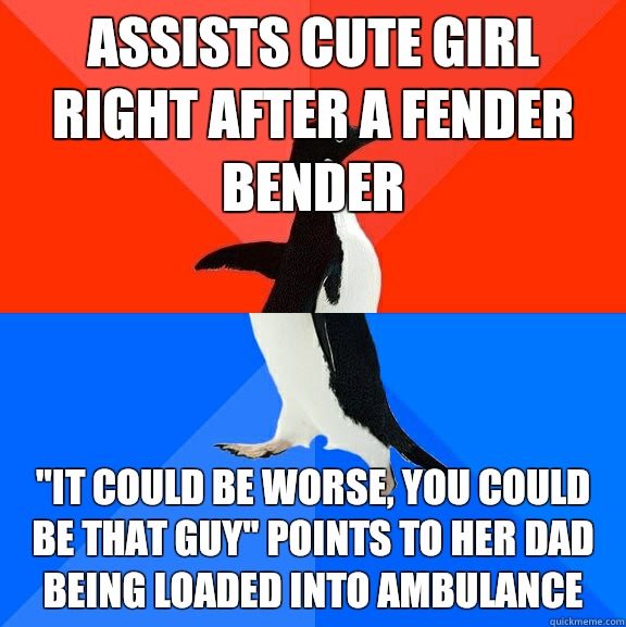 Assists cute girl right after a fender bender 