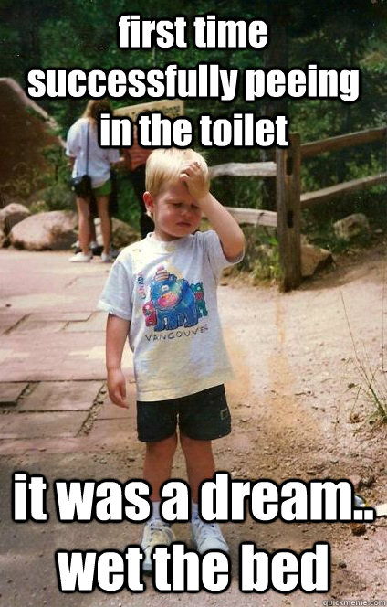 first time successfully peeing in the toilet it was a dream.. wet the bed  Regretful Toddler