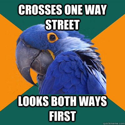 crosses one way street looks both ways first  Paranoid Parrot